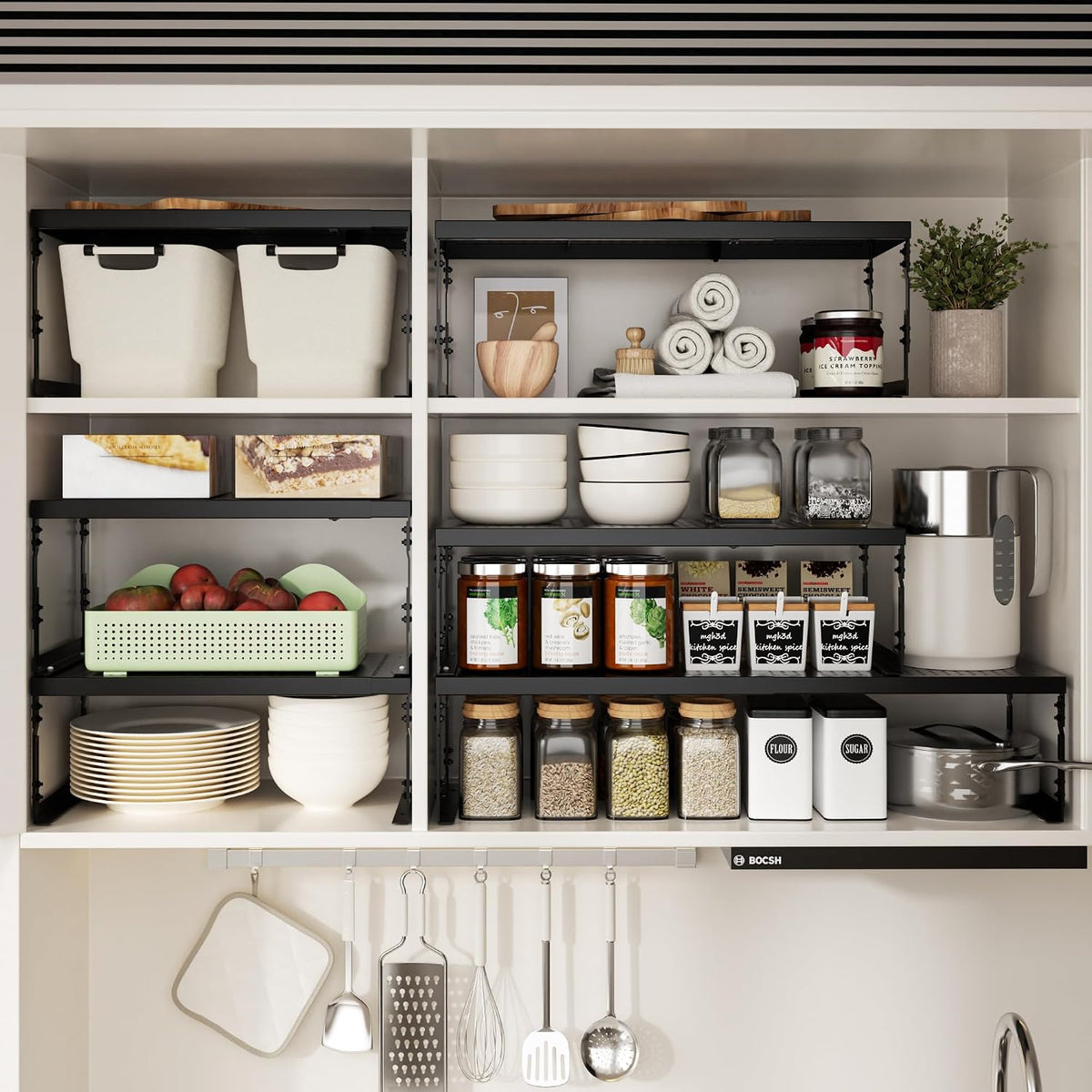 Jojocross Adjustable Stackable Metal Storage Shelf Organizer - Expandable Wire Rack with Perforations for Kitchen, Pantry, Bathroom, Cabinet & Office-Compact, Durable & Sturdy(1PACK/Large/Black)