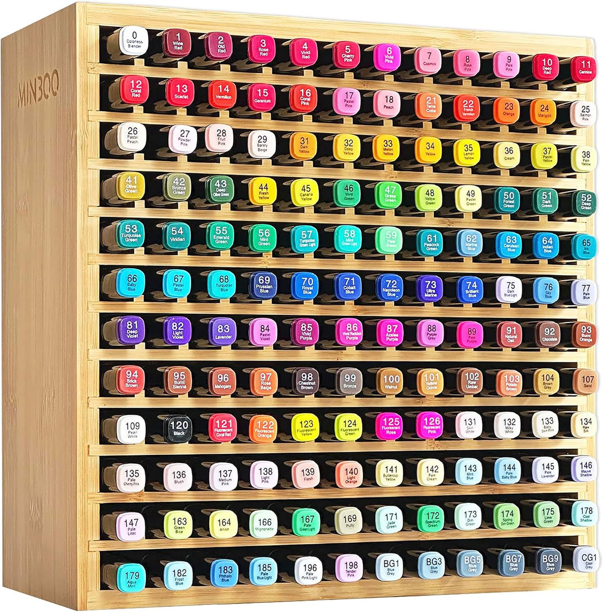 MinBoo Marker Organizer for 144 Markers, Bamboo Art Supply Storage Organizer Rack, Art Markers Pens Colored Pencils Paint Brushes Stationary Organizer Holder for Home Classroom Office Desk Decor