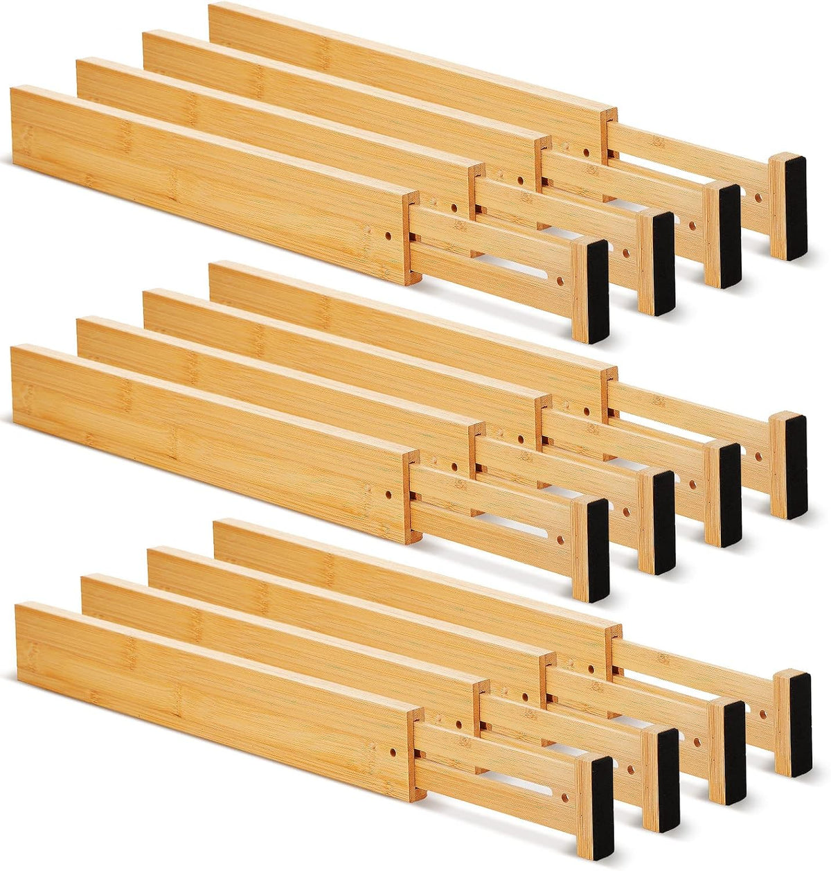 Sawysine 12 Pcs Bamboo Drawer Dividers Adjustable Drawer Organizers Spring Separators Organization Expandable Organizers for Kitchen Bedroom Bathroom Dresser Office (Natural Color,22 x 2.4 Inche)