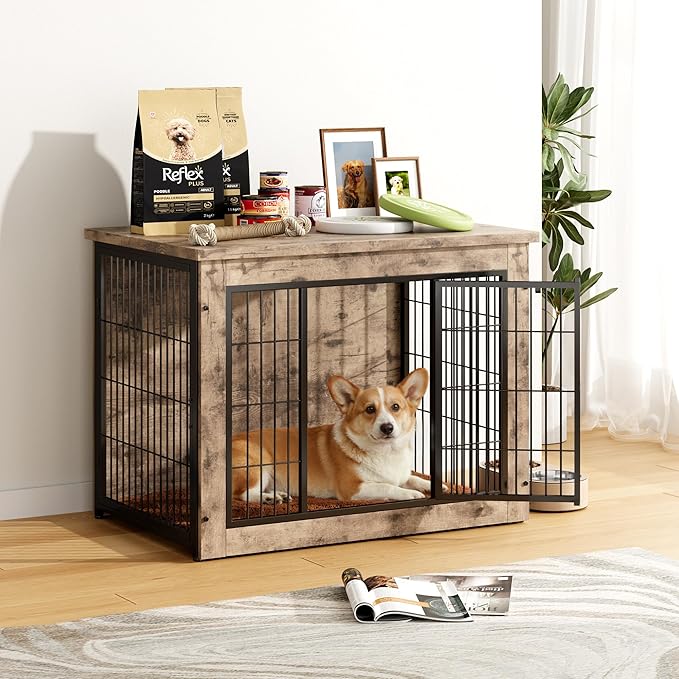 Greesum Modern Dog Crate Furniture That Doubles as a Side Table - Sturdy Wooden Kennel with Double Door Design, Equipped with Soft Cushion & Chew-Resistant Resign, Suitable for Dogs