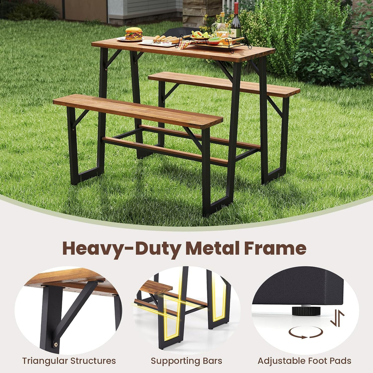 GIANTEX 4.5FT Picnic Table Bench Set for 4, Acacia Wood Outdoor Dining Table Set, Heavy Duty Metal Frame, Footrest Bar, Large Rectangular Tabletop for Porch Patio Lawn Garden