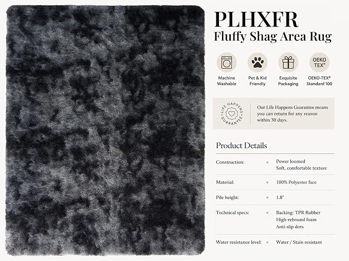 Area Rug for Living Room Bedroom: 9x12 Black Grey Soft Fluffy Shag Upgrade