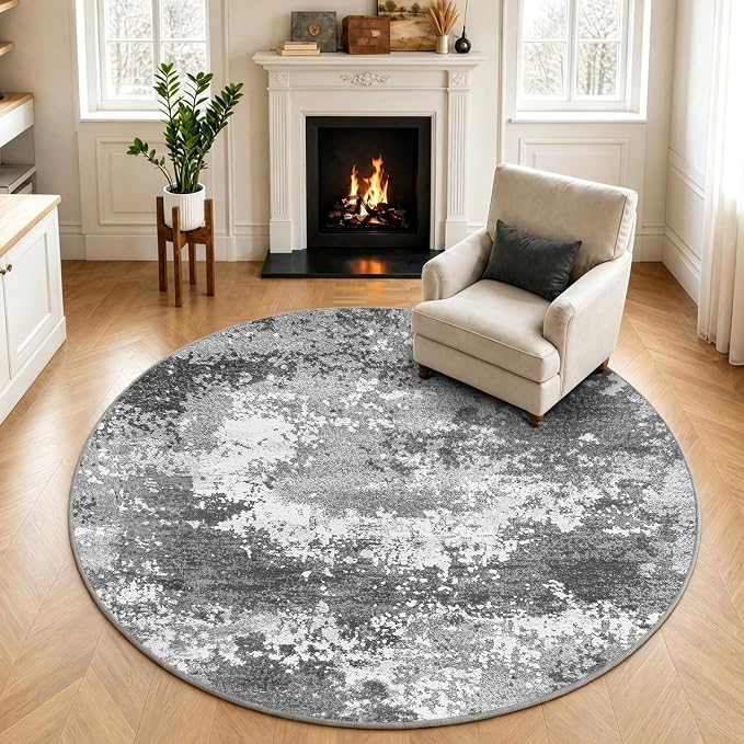 Washable 5 FT Round Rug Grey Circle Area Rugs