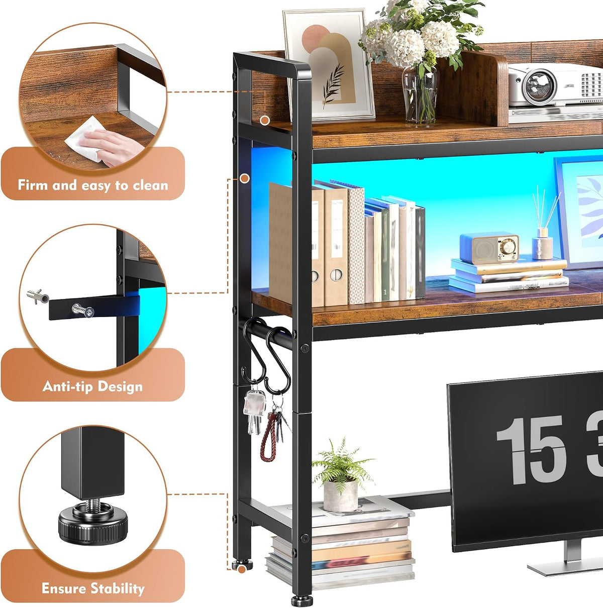 REIBII 2-Tier Desk Shelf with LED for Bedroom and Home Office, Rustic Brown