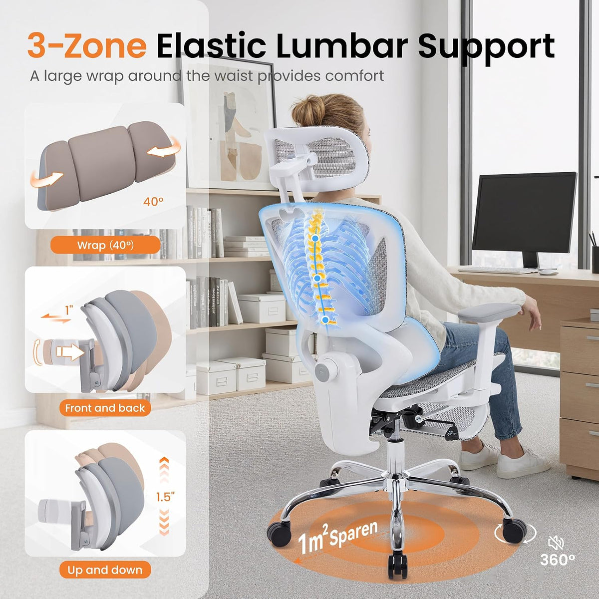 LuxErgo Big & Tall Ergonomic Mesh Office Chair 350lbs, High Back Reclining Gaming Desk Chair with 3D Headrest, Adjustable Armrests, Lumbar Support & Retractable Footrest, Gray