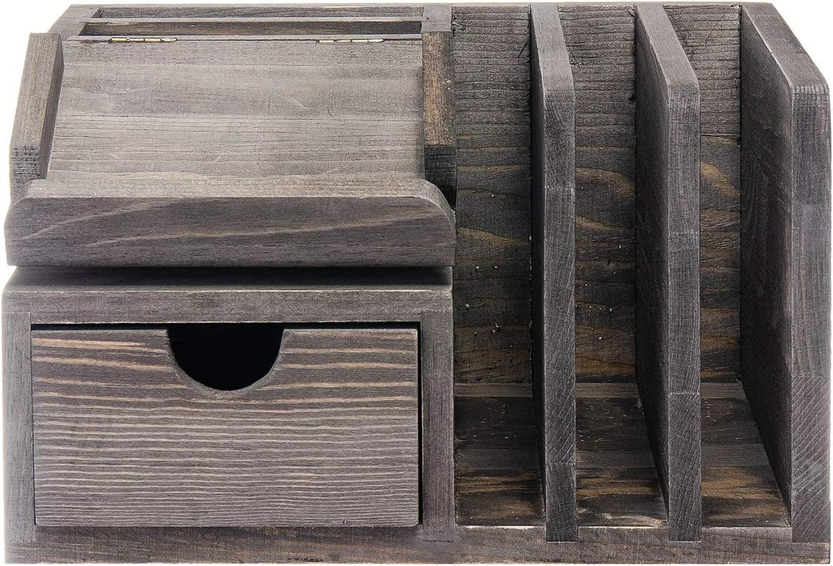 Liry Products Gray Rustic Wood Desk Organizer Storage Cabinet Mail File Paper Sticky Note Memo Pad Folder Office Supplies Caddy Tabletop Holder Accessory Sorter Multiple Compartments with Drawer Home