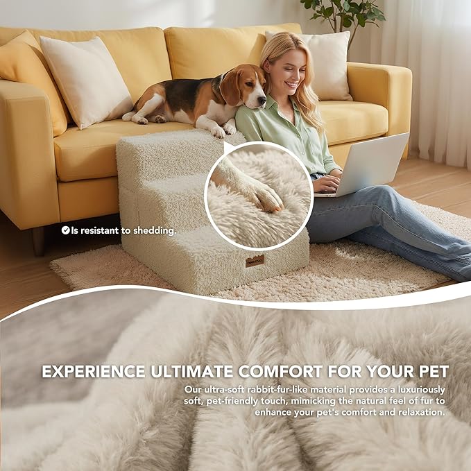 PETNOVO Ultra-Soft Rabbit Fur-Like Dog Stairs for Couch/Bed, Luxury Comfort 2-Step for Small & Senior Dogs, Non-Slip, Removable Washable Cover, OEKO-TEX Certified, 15.7"D x 15.7"Wx 11.8"H, Off White