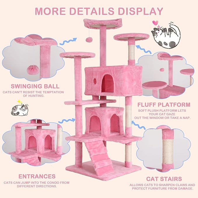 Heavy Duty Cat Tree Tower, 54" Tall Cat Tower for Indoor Cats with Cat Scratching Post with Bed, Cat Condo, Hanging Ball, Multi-Level Cat Climbing Tower Cat Trees Furniture Activity Center, Pink