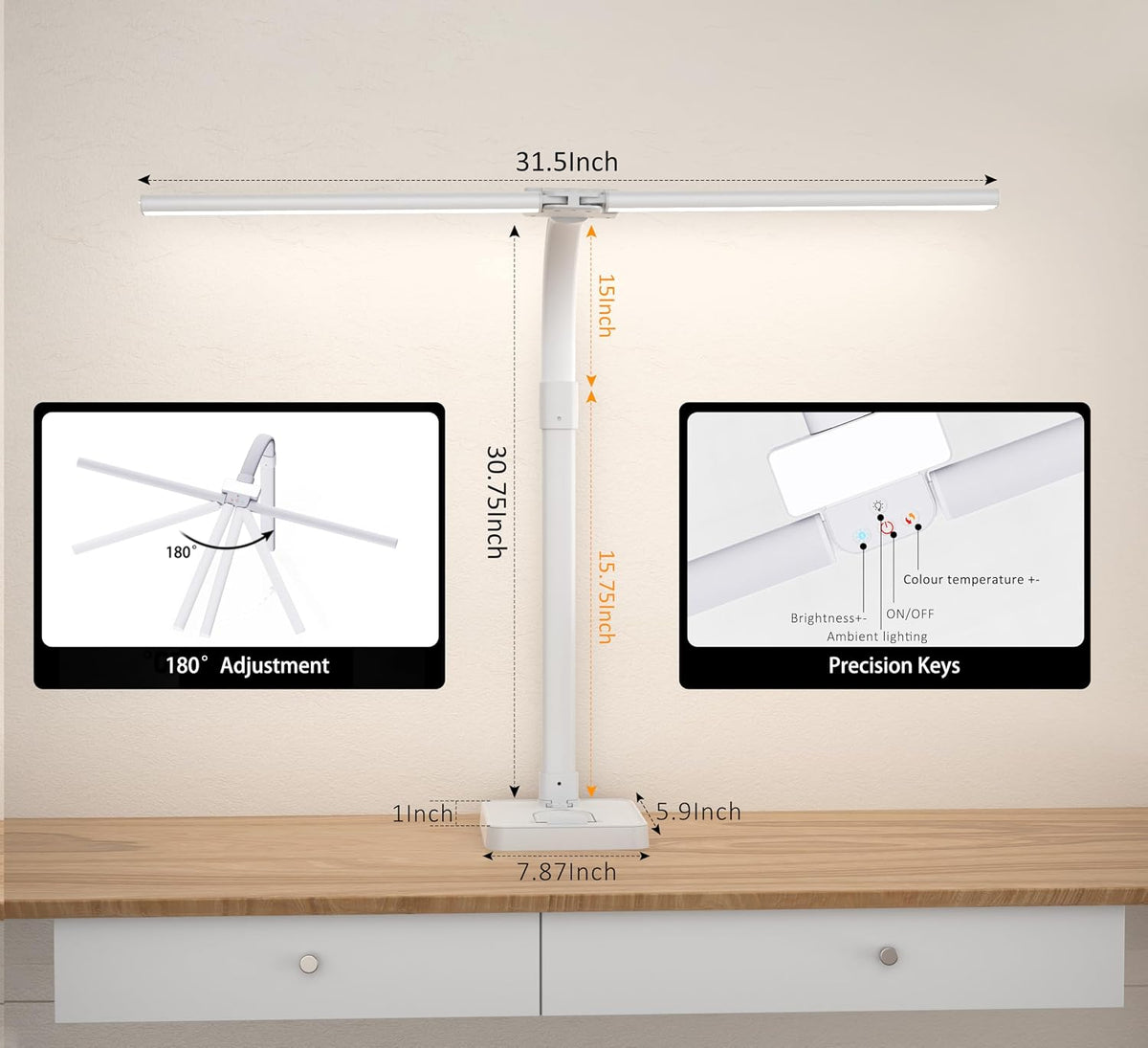 Double Head LED Desk Lamp, Architect Desk Lamps for Home Office, 24W Brightest Workbench Office Lighting-5 Color Modes and 5 Dimmable Eye Protection Modern Desk Lamp (White-Desktop, Big)