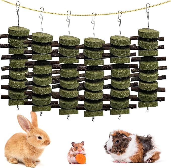 kathson 6 PCS Bunny Chew Toys for Teeth Grinding, Chinchilla Treats Organic Bamboo Sticks Natural Fruitwood Branches for Rabbits Guinea Pigs Hamsters (Fruitwood Sticks+Alfalfa Cakes)