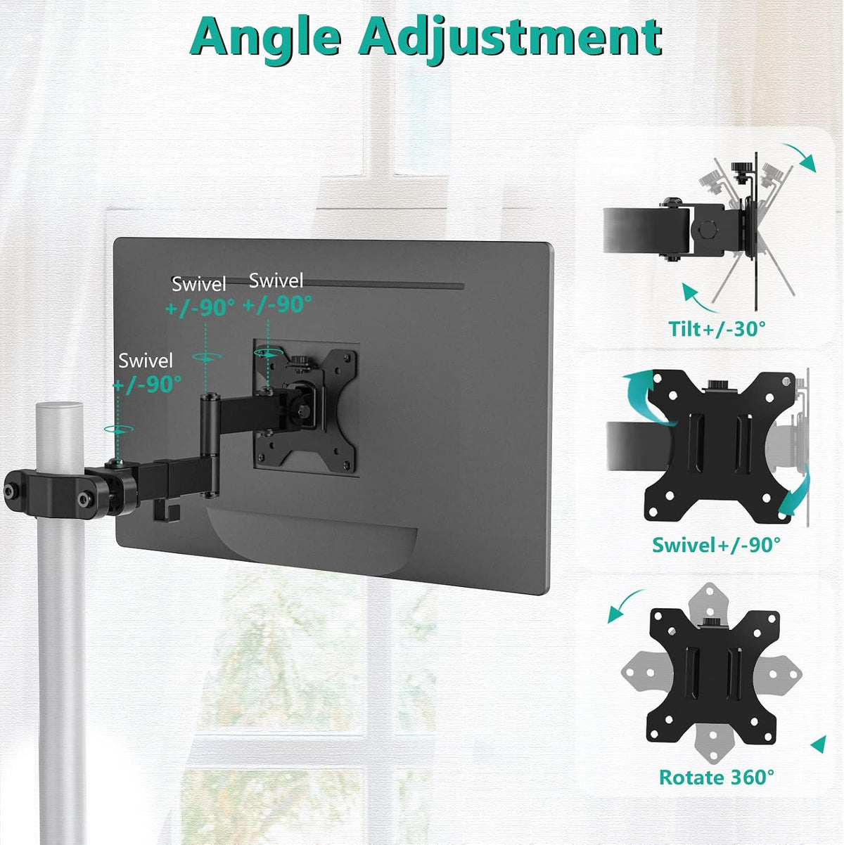WALI Single Monitor Arm Mount for 17 to 32" Monitors, Full Motion Steel Monitor Pole Mount Bracket with Removable VESA Plate 75mm and 100mm, Vesa Mount for Outdoor, Gazebo, RVs (011ARM), Black