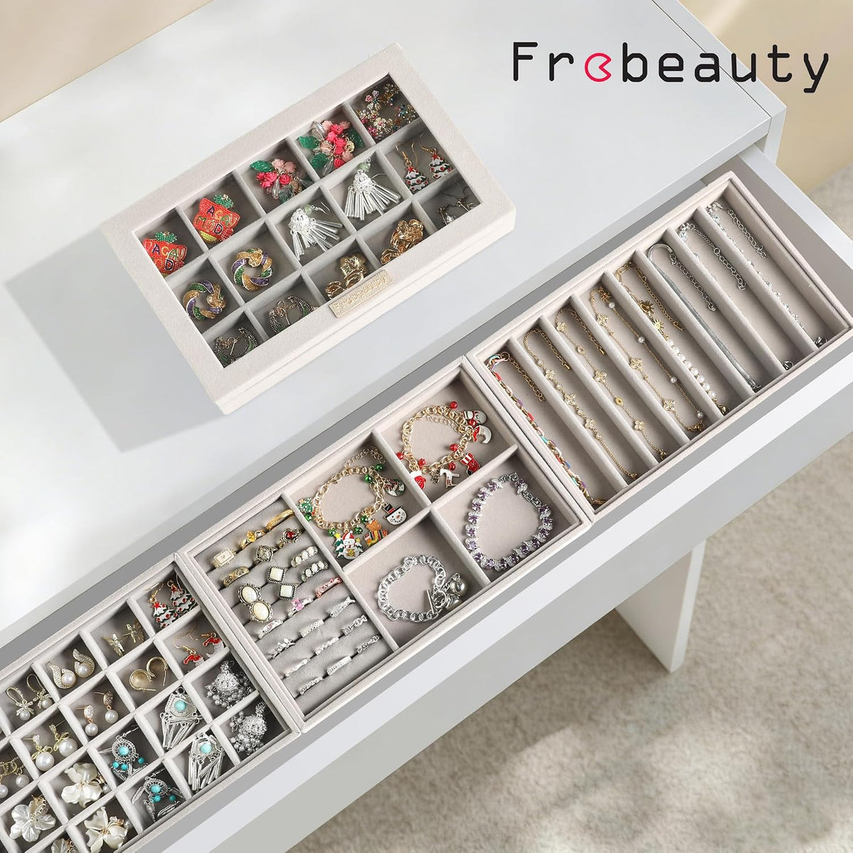 Frebeauty Stackable Jewelry Trays,Set of 4 Jewelry Organizer for Drawer