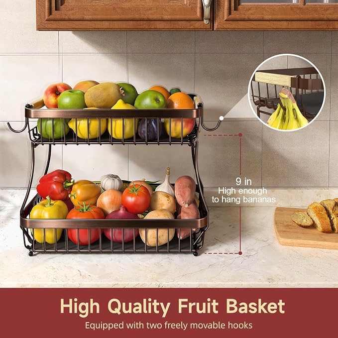 2-Tier Fruit Basket with Banana Hangers, Detachable Metal Bowl