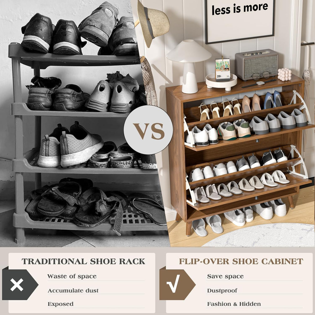 Fsbecl Shoe Cabinet Storage for Entryway with 2 Fluted Flip Drawers, Modern Freestanding Narrow Shoe Organizer with Adjust Shelves, Wooden Hidden Shoe Rack for Foyer, Hallway, Walnut