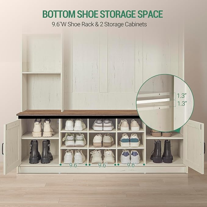 59.8" Hall Tree, LED Farmhouse Entryway Storage and Coat Rack Wood, Entryway