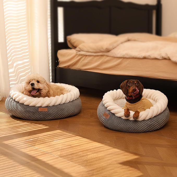 FUKUMARU Dog Bed, Calming Donut Dog Beds, Plush Faux Fur&Corduroy Cat Beds, Cute Round Washable Pet Bed for Large Cats and Small Dogs, Cat Cave with Anti-Slip Bottom, 25inch, Grey