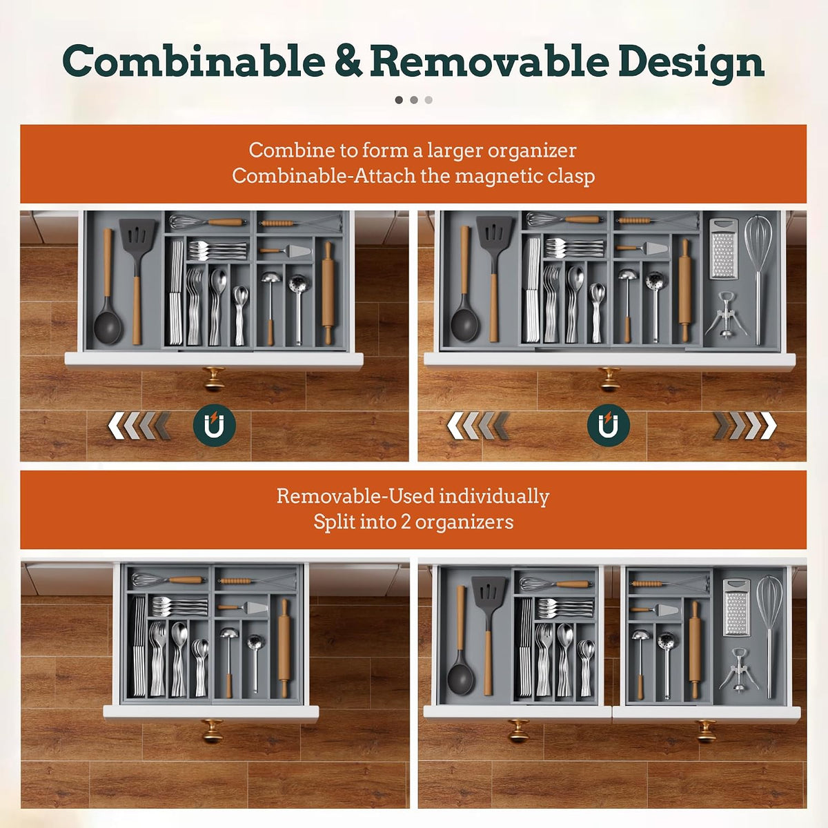 Magnetic Expandable Silverware Drawer Organizer, 13 Slots Utensil Gray