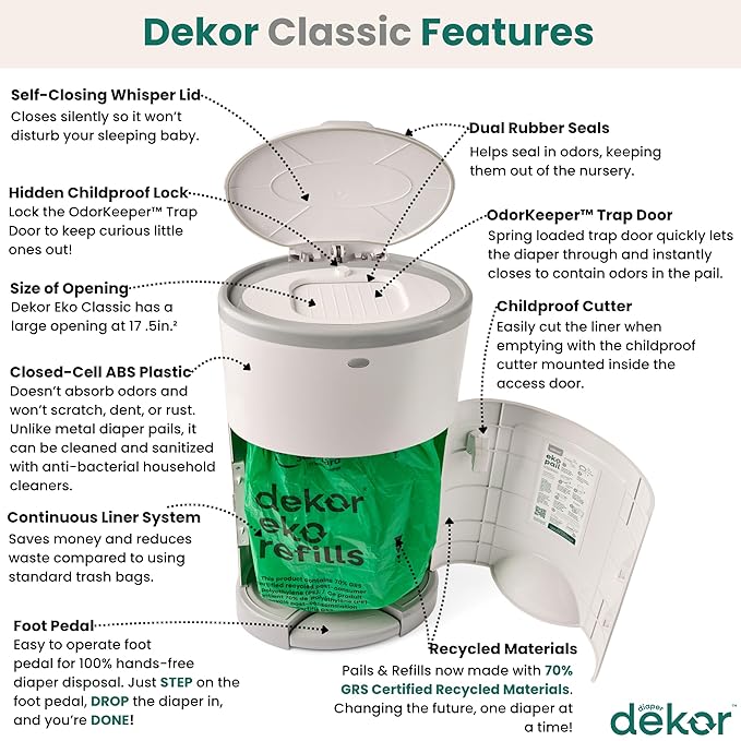 Diaper Dekor EKO Classic Diaper Pail Gift Set, White ONLY Eco-Friendly Diaper Pail Made with 70% Recycled Materials Comes with up to a Year's Supply Worth of Diaper Dekor Refills!