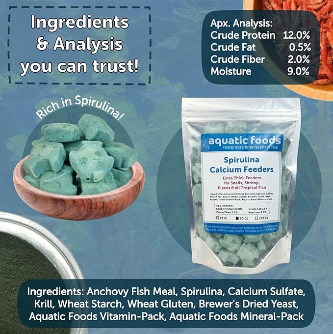 Aquatic Foods Inc. Spirulina Enriched Calcium Feeders for Shrimp, Snails, Crabs, Crayfish, Pleco, Catfish, All Tropical Fish…50 Count Bag
