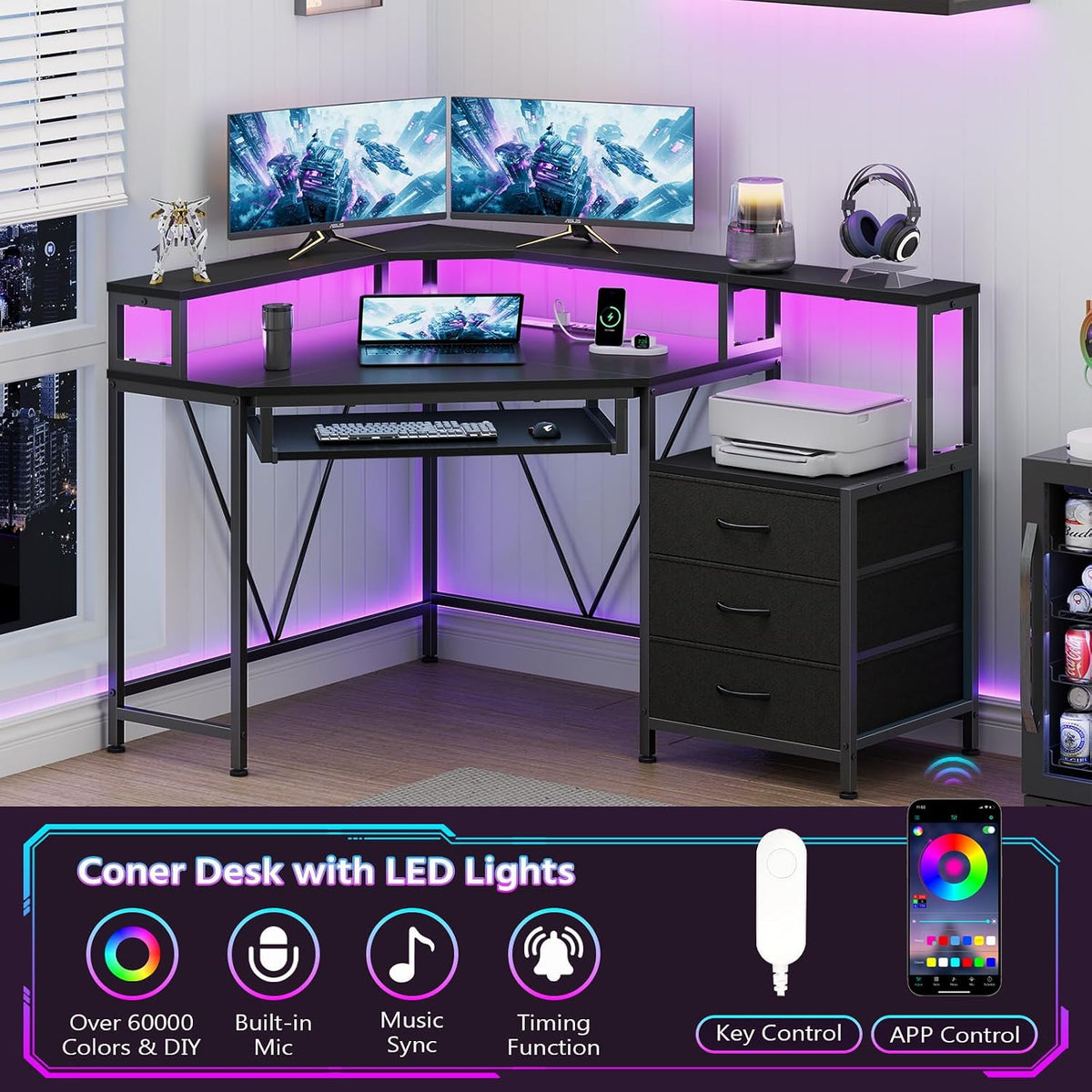 47" Corner Desk with Drawers, Power Outlets ＆ Printer Shelf for Small Space