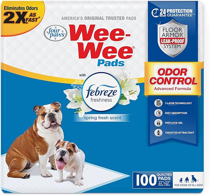 Four Paws Wee-Wee Odor Control with Febreze Freshness Pee Pads for Dogs & Puppies, Leak-Proof Dog Housebreaking Potty Training Floor Protection, Spring Fresh Scent, 28" x 30", 75 Count