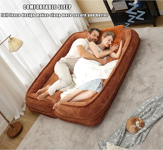 Double Human Dog Bed for Adult and Kids, Comfy Foldable Lazy Floor Loveseat Sofa Bed with 5 Adjustable Position, Upholstered Floor Bean Bag Lounger Chair for Bedroom, Living Room,Office (Orange.)