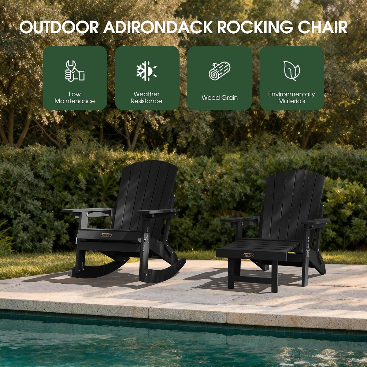 4-in-1 Rocking Adirondack Chair with Footrest, HDPE, Black