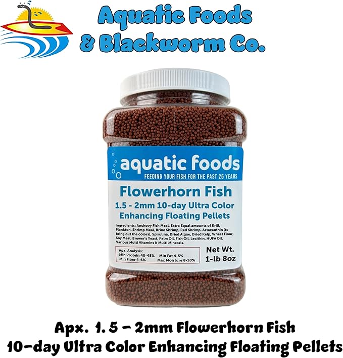 Aquatic Foods Inc. Flowerhorn Fish Ultra Red Color Enhancing 1.5mm-2mm Floating Pellets. Color Enhancing in 10-Days for Baby, Juvenile and Adult Flowerhorn…1-lb 8oz Medium Jar