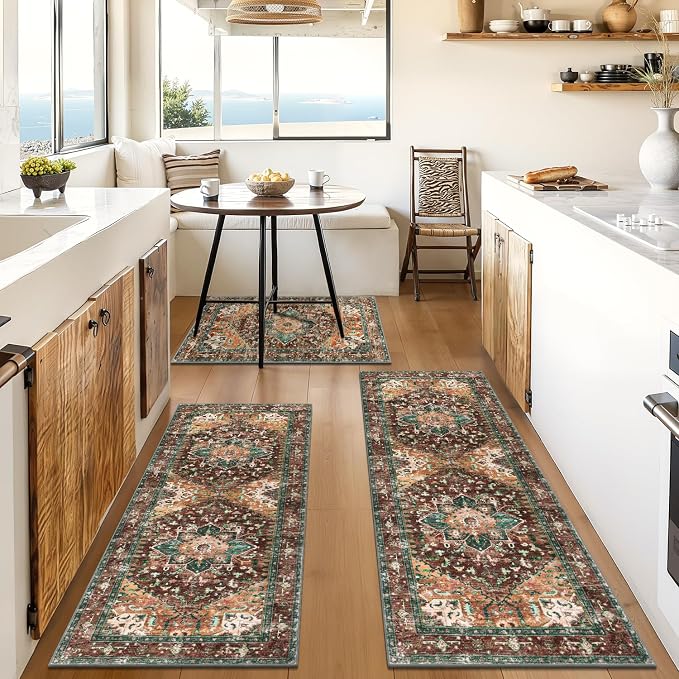 Yamaziot Washable Kitchen Runner Rug Set of 3, Non-Slip Boho Vintage Hallway