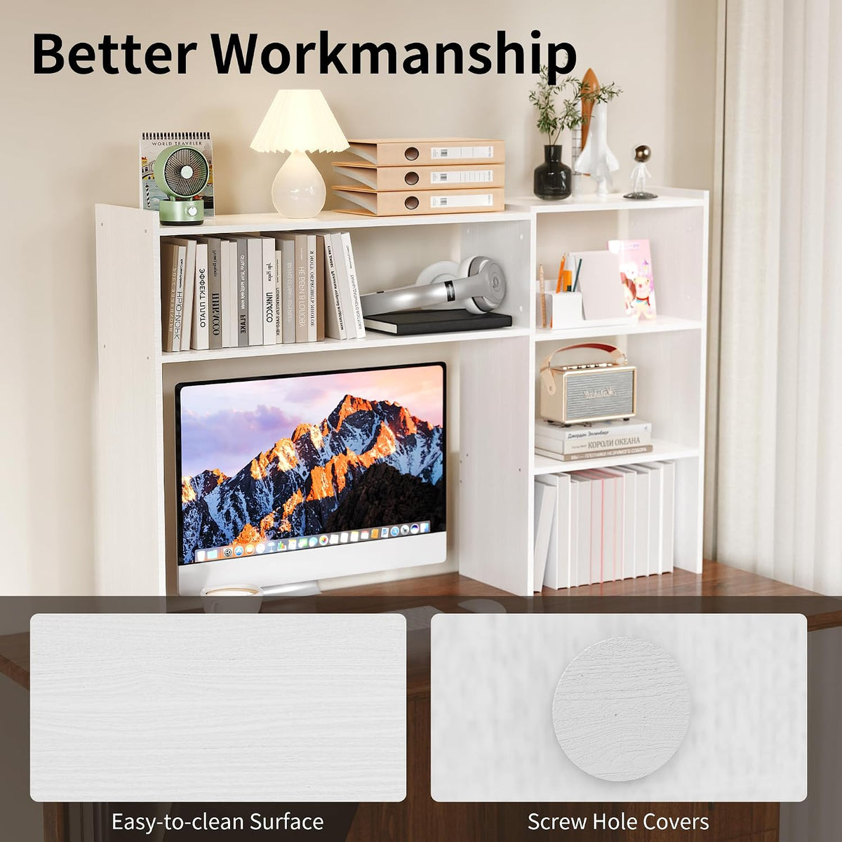 Aetheris Desktop Bookshelf, 43”Adjustable Office Desktop Organizer Shelf, Countertop Storage Hutch with 4 Shelves for Computer Desk, Adjustable Desk Hutch, Wooden Desktop Bookcase