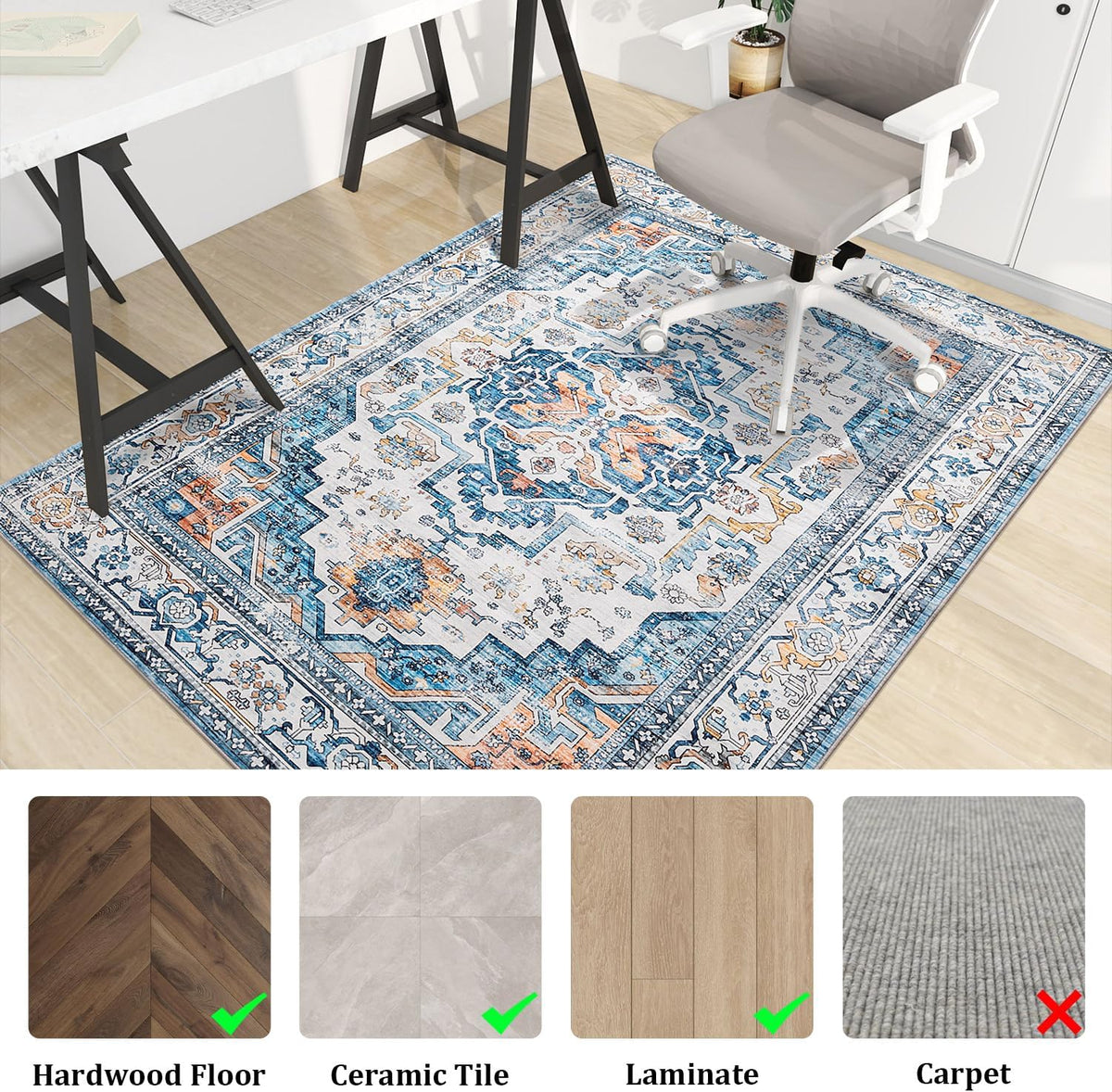 chakme Office Chair Mat for Hardwood Floor, 48"x36" Easy Glide Computer Desk Mat Protector for Rolling Chair Under Desk Rug Nonslip Backing, Machine Wash, (Boho)