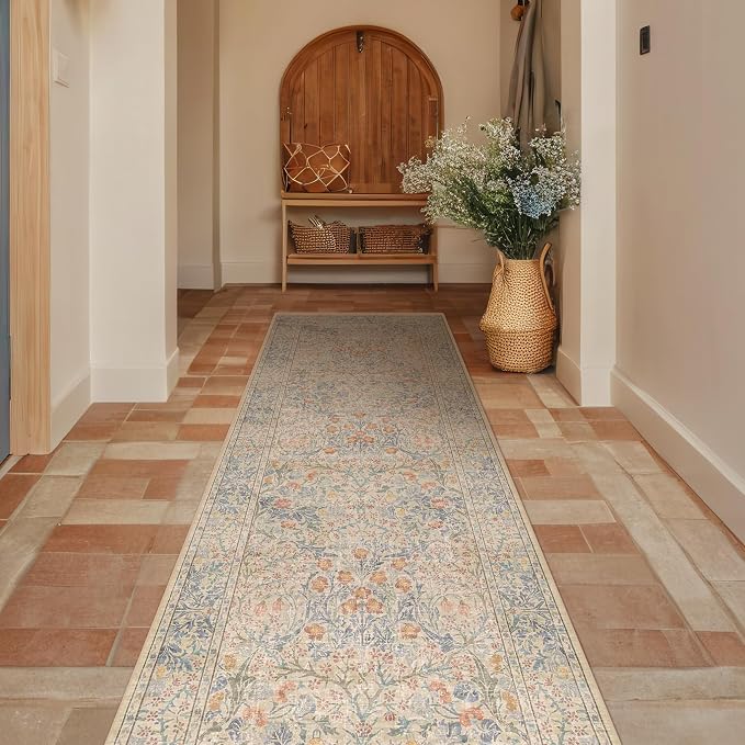 Beige Blue Washable 2x8 Runner Rug