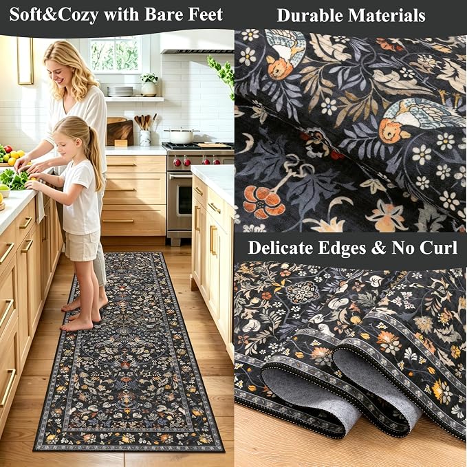 HEBE Washable Hallway Runner Rug 2'x 8' Non Slip Kitchen Rugs Runner, Low Pile