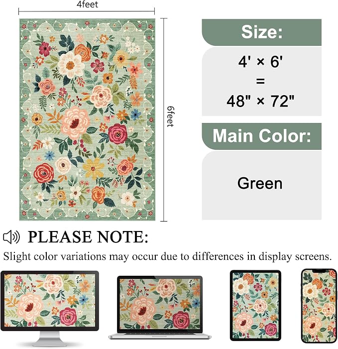 DUKINO 4x6 Area Rug, Floral Rugs
