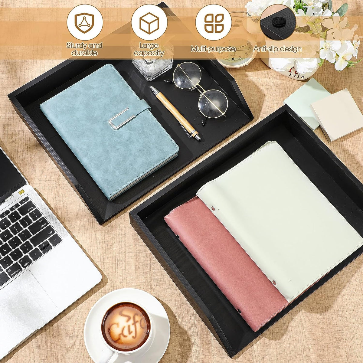 Beeveer 2 Pcs Black Wood Letter Tray Wooden Desk Paper Organizer 2 Tier Stackable Load Documents Desktop Tray Drawer File Folder Magazine Office Accessories for Home Office Back to School
