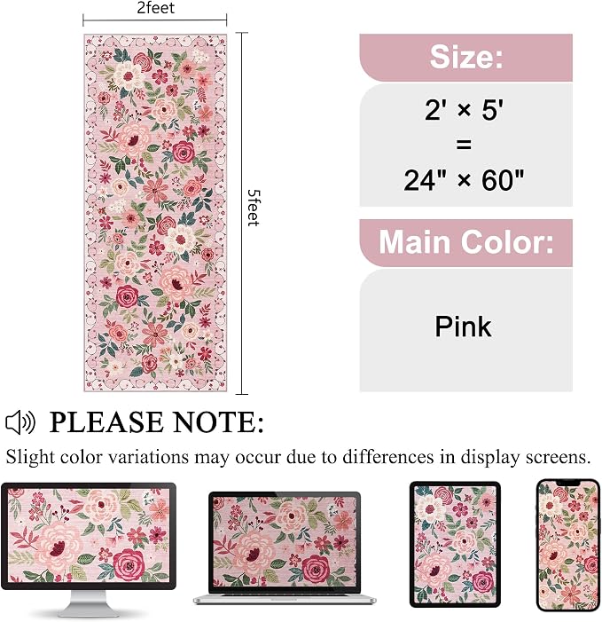 DUKINO 2x5 Runner Rug for Hallway, Washable Kitchen Floral Runner Rug