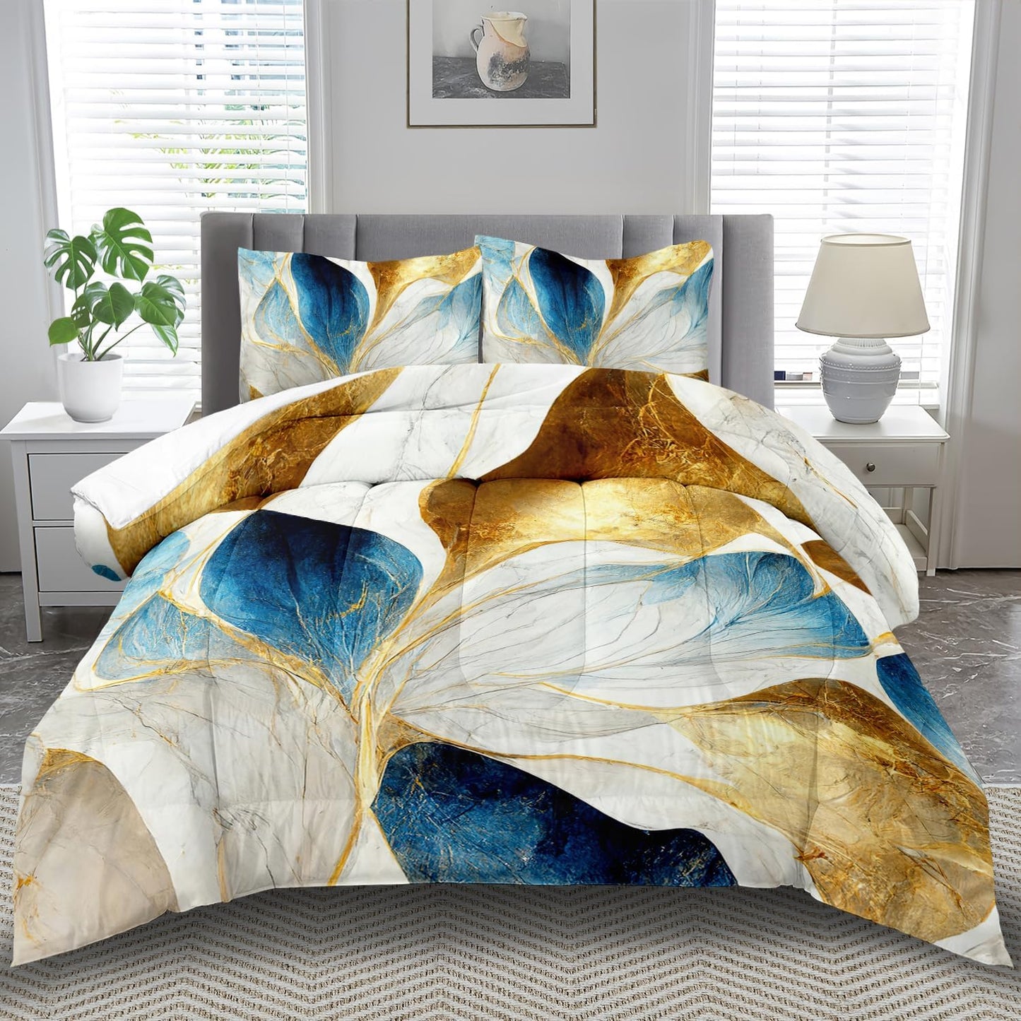 Vintage Floral Comforter Set Full Size Women,Marble Flower Bedding Set Full,Marble Blue Flower Bed Comforter,Blue and Gold Floral Quilt Bedroom Decor for Kids and Adults