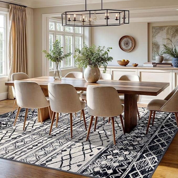 KUTA Moroccan 8x10 Area Rugs Black Navy Blue, Washable Boho Living Room Rug