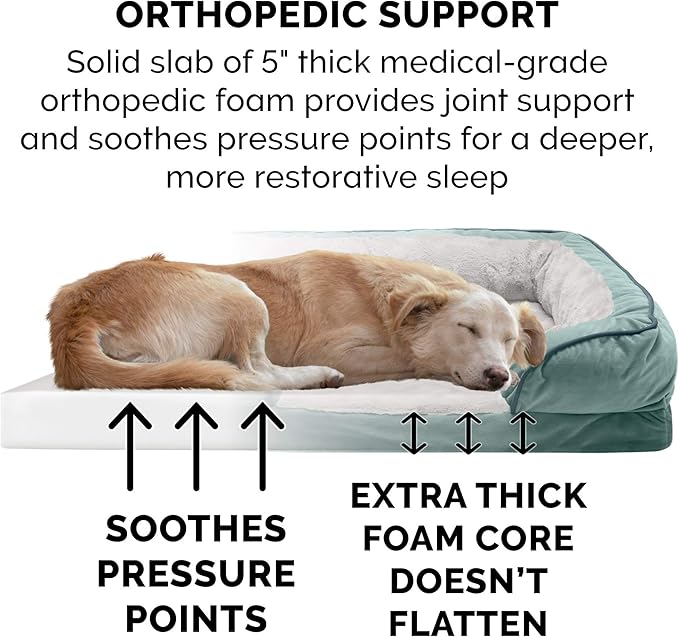 Furhaven Orthopedic Dog Bed for Large Dogs w/ Removable Bolsters & Washable Cover, For Dogs Up to 125 lbs - Plush & Velvet Waves Perfect Comfort Sofa - Celadon Green, Jumbo Plus/XXL