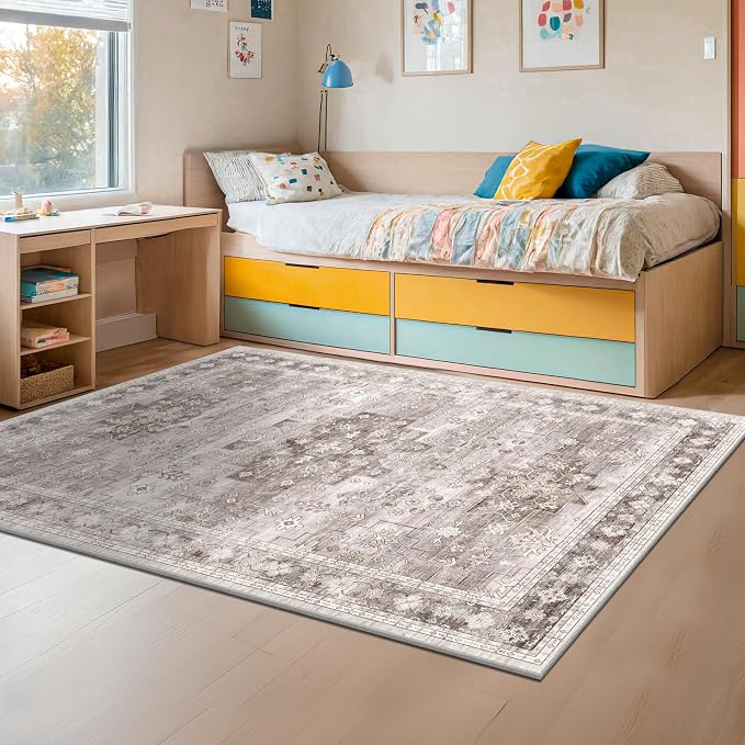 Washable Neutral Farmhouse Living Room Rug, 6x9 Area Rugs