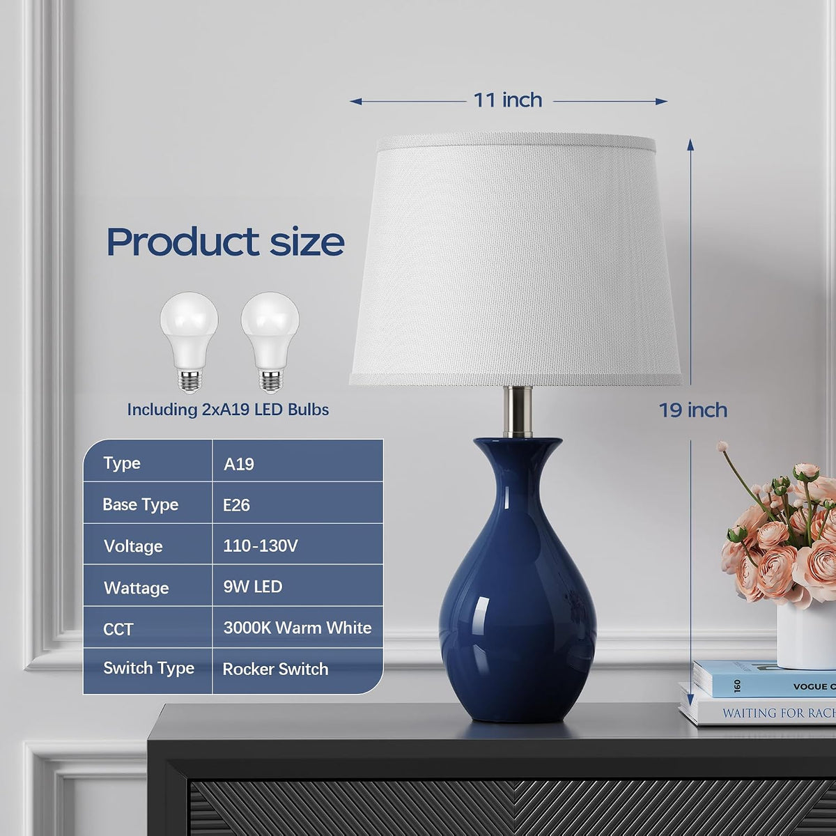 PARTPHONER Table Lamp Set of 2, Modern Ceramic Bedside Lamps for Night Stands, Classic Small Lamp Nightstand Lamp for Bedroom Living Room Desk End Table Rocker Navy Blue