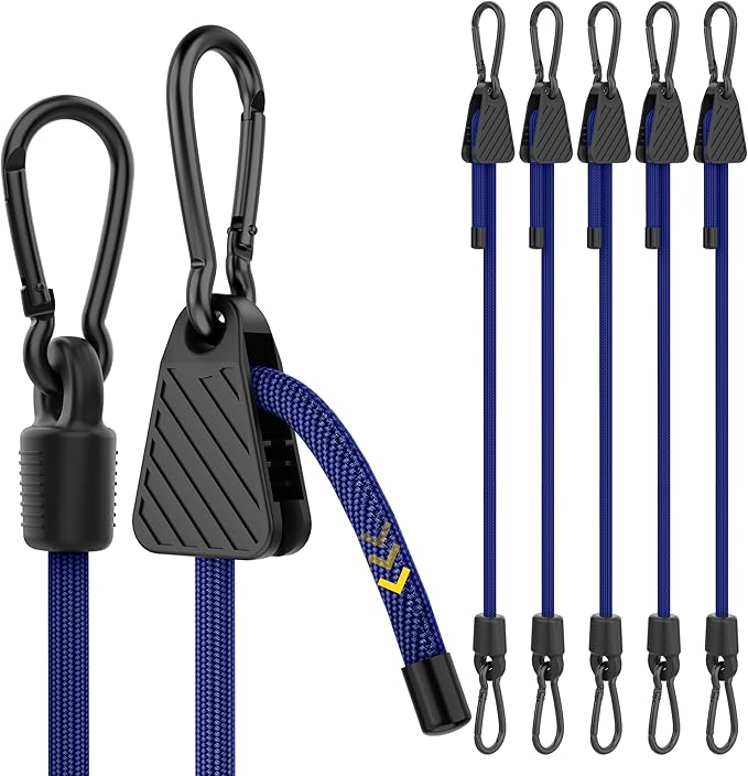 Bungee Cords with Hooks, 60 Inch Adjustable Blue Bungee Cords with Carabiner Heavy Duty Outdoor, 8mm Thick Easy to Adjust Durable Bungee Rope UV Resistant for Bike Rack, Garden, Tension, 6 Pack
