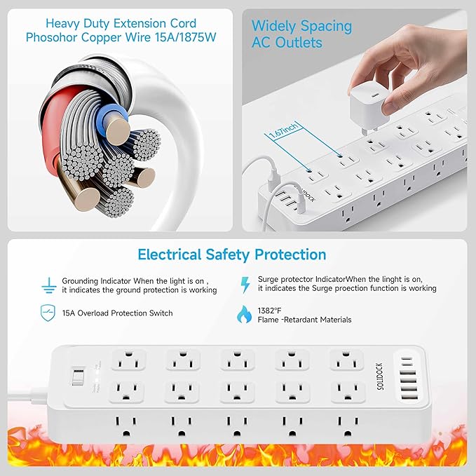 Flat Plug Power Strip Surge Protector with 20 AC Outlets 6 USB Chagring Ports, 1875W/15A, 2700J, Heavy Duty Extension Cord 6 Ft for Home, Office, Dorm, Gaming,ETL Listed (White, 6FT)