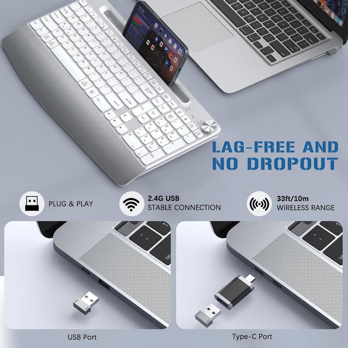 JOYACCESS Ergonomic Wireless Keyboard, 2.4GHz Cordless USB Full-Size Keyboard with Wrist Rest, Quiet Design & Numeric Keypad, Phone Holder for Desktop, Laptop, PC, Mac, Windows -Silver White