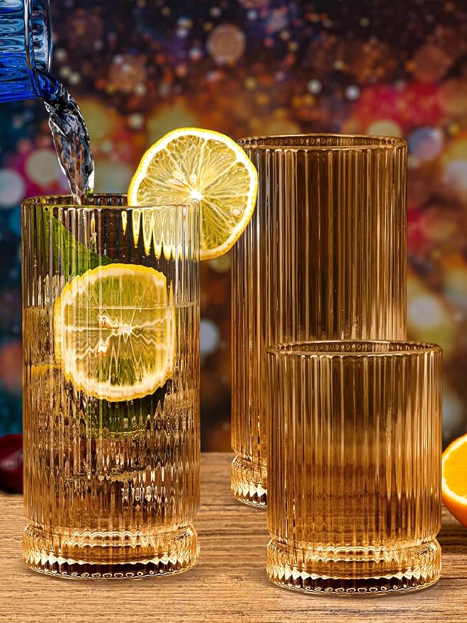 Ribbed Glassware Vintage Drinking Glasses 12Pcs Set （6 Highball Glasses 16Oz