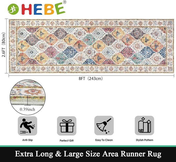 HEBE Hallway Runner Rug 2'8''x8' Washable Vintage Distressed Area Rugs Non Slip