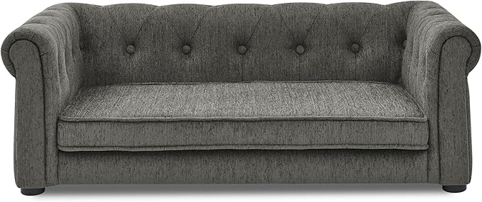 Elevated Dog Sofa with Backrest and Armrests, Button Tufted Dog Couch Bed with Soft Cushion for Medium Dogs, Stylish Lounging Bed Pet Couch Chair, 60Lbs Weight Capacity, Dark Gray