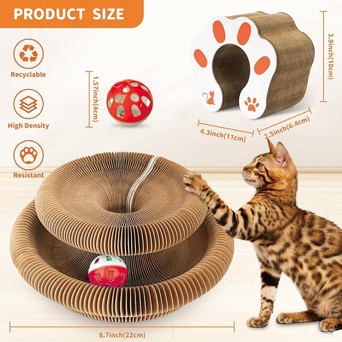 Collapsible Cats Cardboard Scratcher Interactive Pet Toys for Indoor Cats with Ring Ball Magnetic Kitten for Chase Scratch Paw