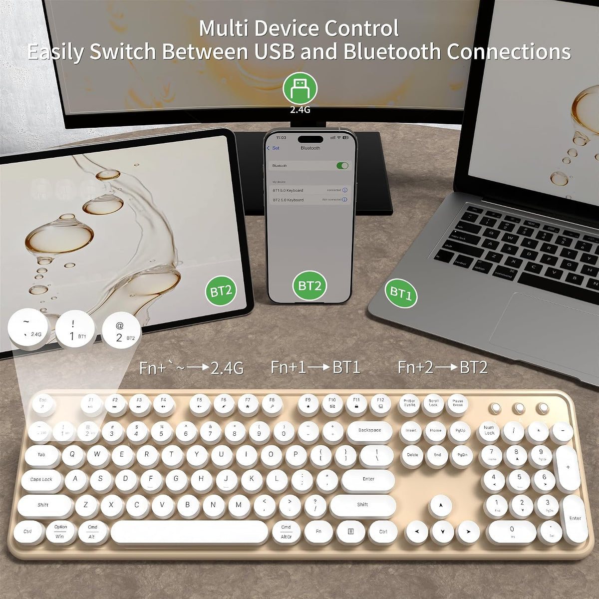 Cute Colorful Wireless Bluetooth Keyboard, White Milk Tea