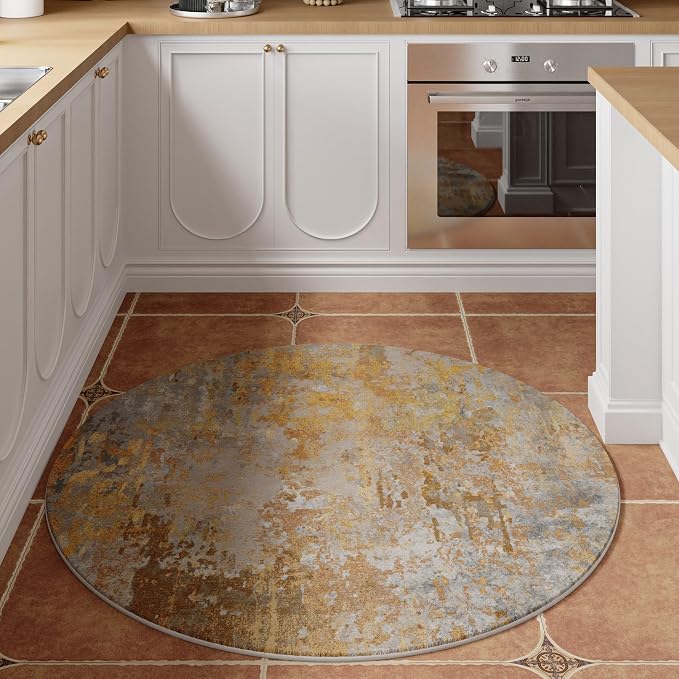 Beige Gold Round Area Rugs 4ft Washable Circle Rug